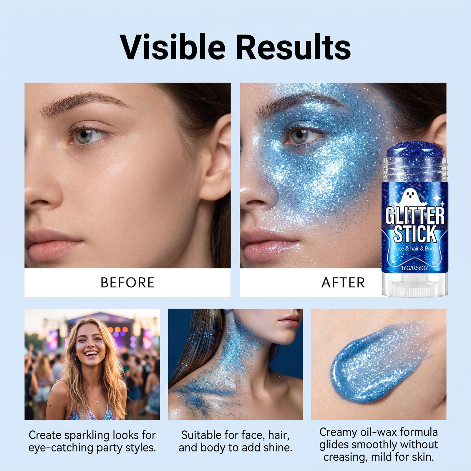 (Blue) Glitter Makeup Stick Daily Portable Silky Pigment Shimmer Natural For Body And Facial Skin