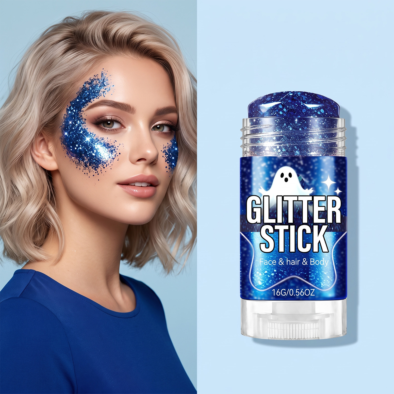 (Blue) Glitter Makeup Stick Daily Portable Silky Pigment Shimmer Natural For Body And Facial Skin