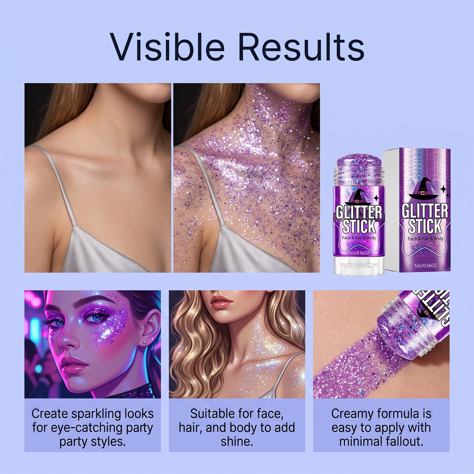 (Blue) Glitter Makeup Stick Daily Portable Silky Pigment Shimmer Natural For Body And Facial Skin