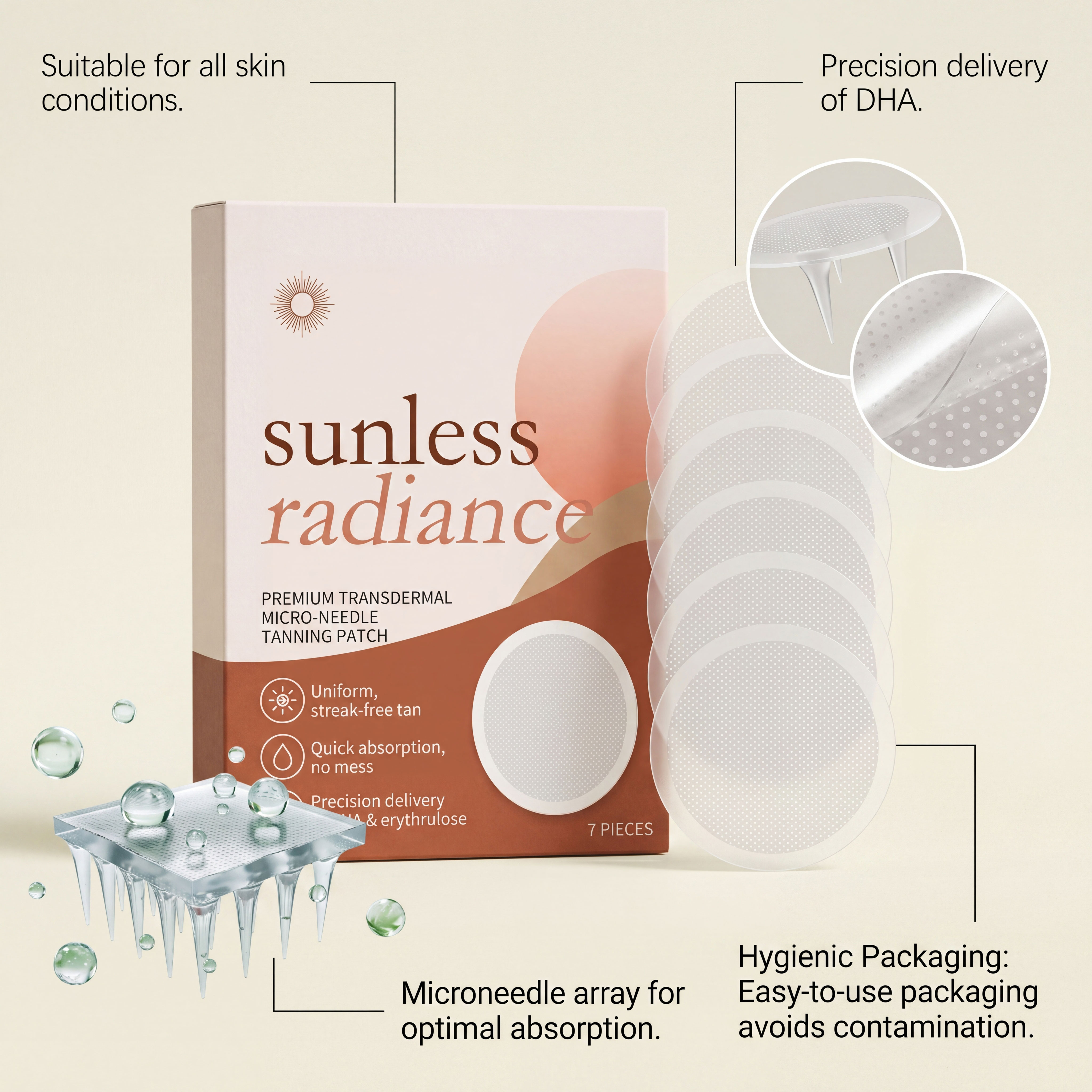 Sunless Tanning Transdermal Microneedle Patch Delivers Bronze Shade Hourly Coloring Allantoin Moisturizing Skin Sticker