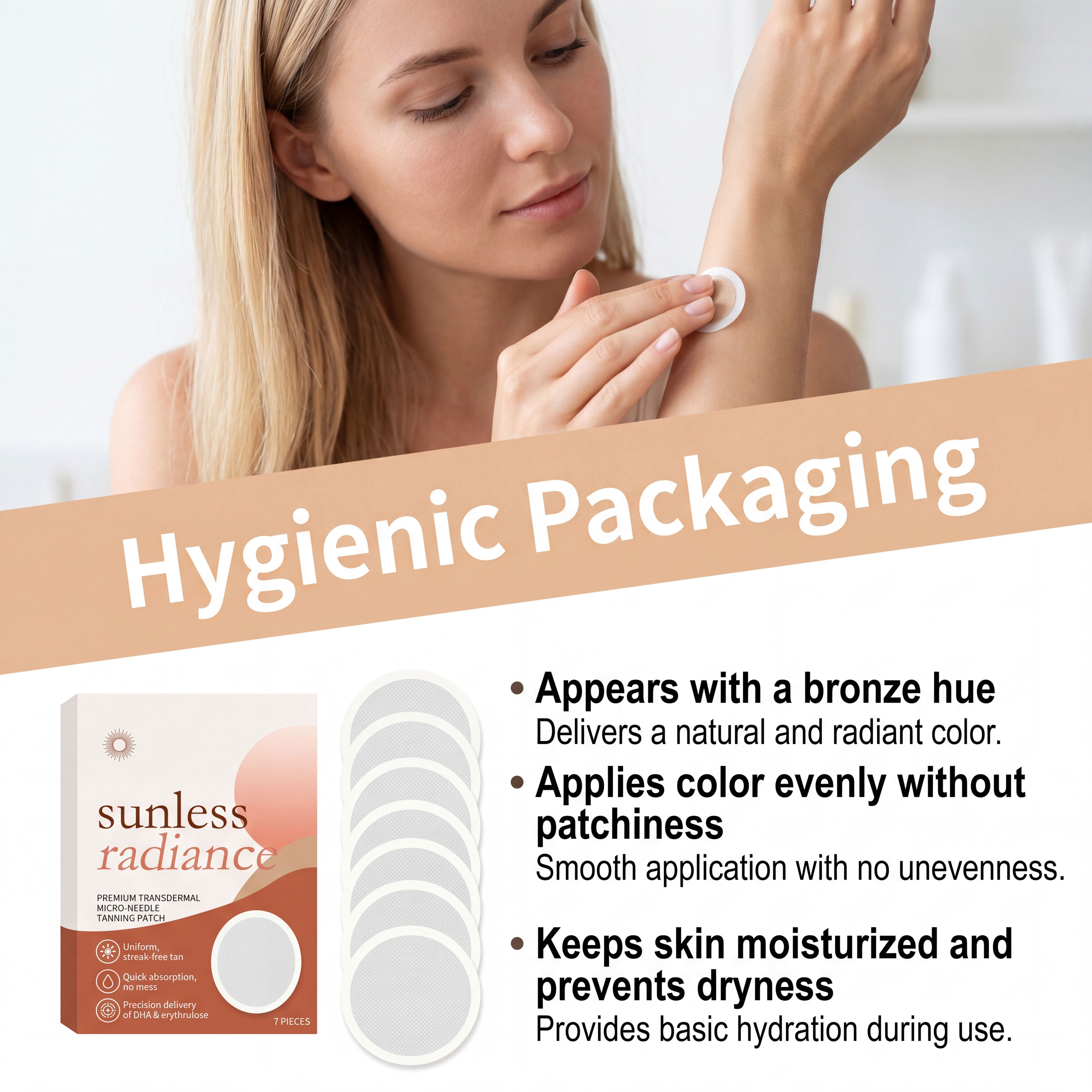 Sunless Tanning Transdermal Microneedle Patch Delivers Bronze Shade Hourly Coloring Allantoin Moisturizing Skin Sticker