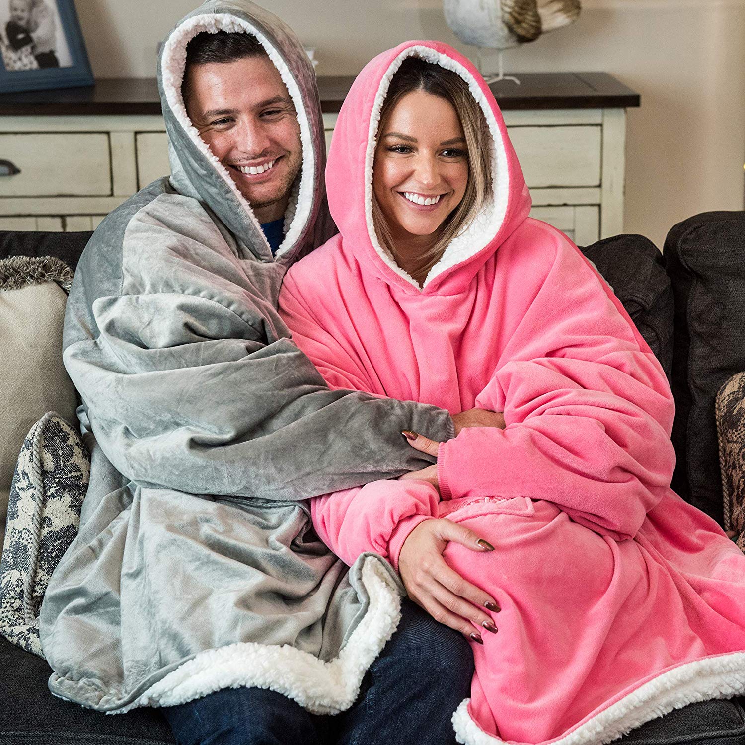 (Grey) Blanket Hoodie Oversized Sherpa Fleece Hoody Huggle Jumper Sweater Blanket Warm Fluffy Cozy Soft Wearable Nightgown with Pockets Gifts for Unisex Adult Women Men One Size Fits All