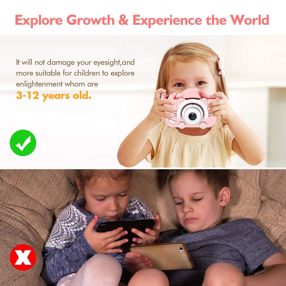 (Blue) Kids Digital Camera Video Camcorder Shockproof Rechargeable with 32GB SD Card Cartoon Soft Silicone Case for Outdoor Play Toys Christmas Birthday Festival Gifts for Child Toddler