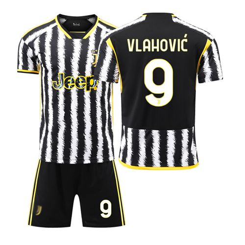 (Kids 16) 2324 Juventus Home No.9 Vlahovic Kids Adult Football Kit Jersey Shirt Set Juv Boys Training T-shirt