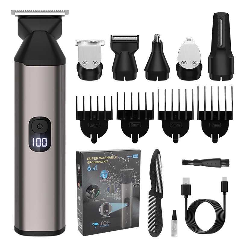 (Silver) Beard Trimmer for Men Professional Hair Clipper Electric Razor Shaving for Mustache Body Nose Ear Hair Trimmer 6 in 1 Waterproof Cordless Grooming Kit