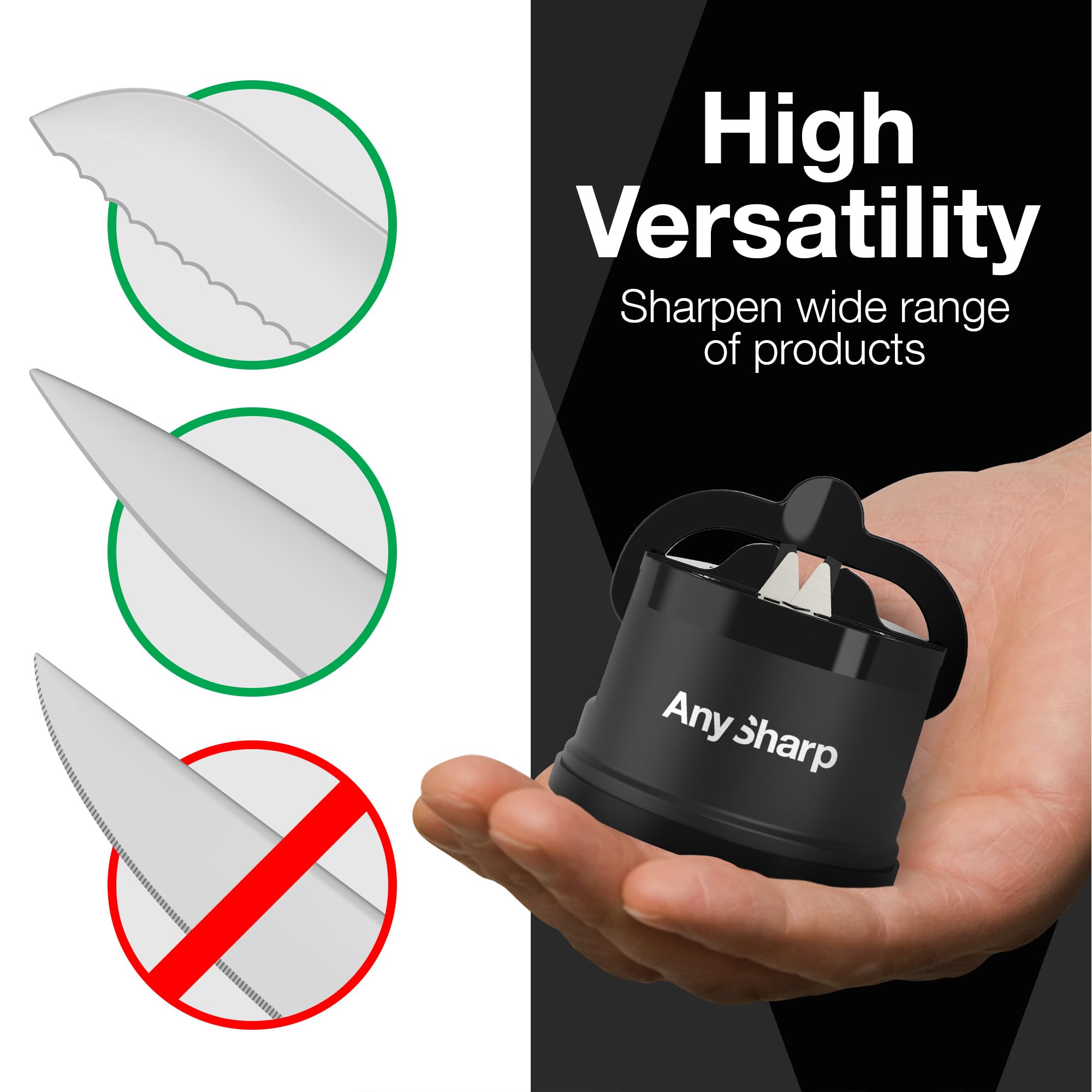 (Black) AnySharp Knife Sharpener, Hands-Free Safety, PowerGrip Suction, Safely Sharpens All Kitchen Knives, Ideal for Hardened Steel & Serrated, Worlds Best, Compact, One Size