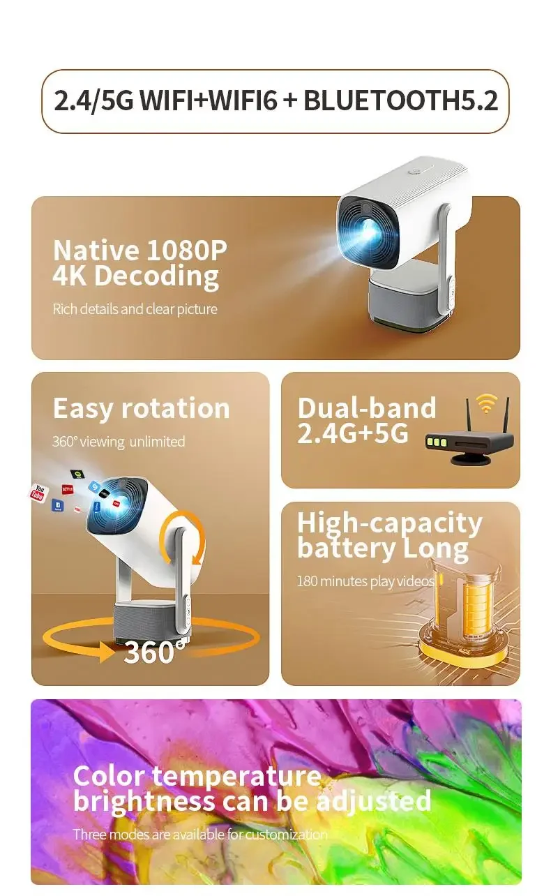 Mini Projector Smart Outdoor Projector Android Wifi Bluetooth 4K 1080P HD Home Cinema Theater Outdoor Projector Built-in Battery Auto Focus