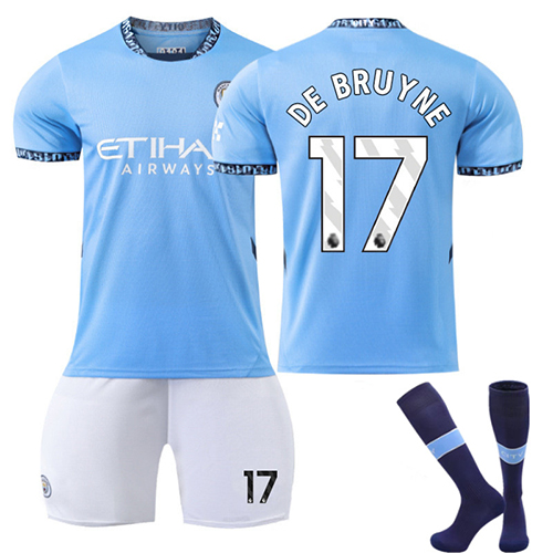 (Kids 16) 2024 2025 Manchester City Home Football Kit No.17 De Bruyne Soccer Tracksuit Boy Girl Football Team Jersey Shirts Shorts Socks Breathable Quick Drying