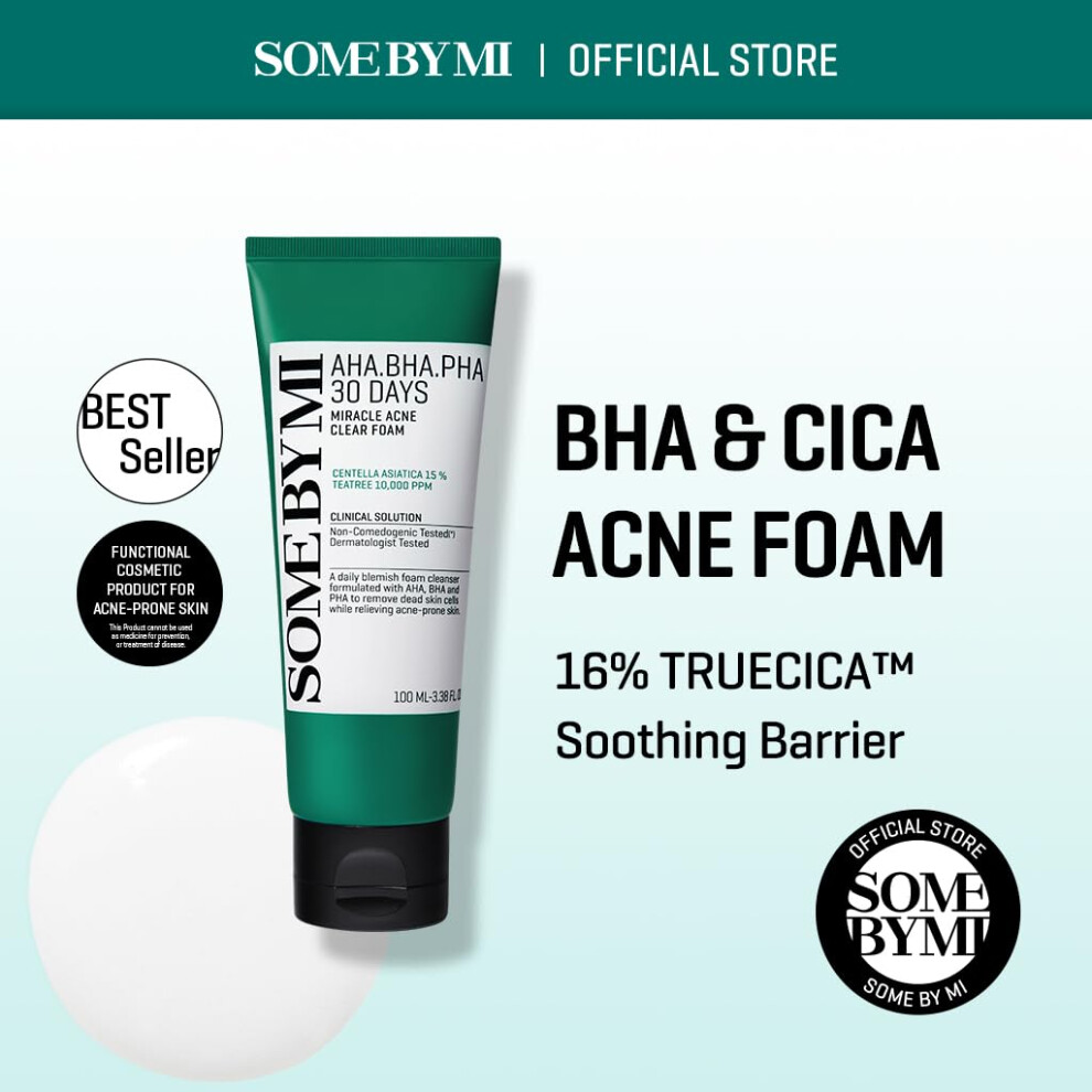 SOME BY MI AHA BHA PHA 30 Days Miracle Acne Clear Foam Cleanser 100ml  Exfoliating Cleanser with AHA BHA PHA Salicylic Acid Tea Tree Acne Face