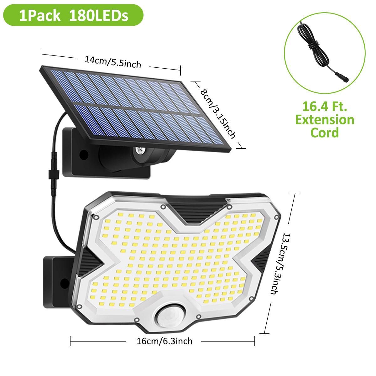 Solar Wall Lamp Solar Light with 180 LEDs Auto On Off Waterproof IP65 Solar Panel Separate Three Lighting Modes for Outdoor