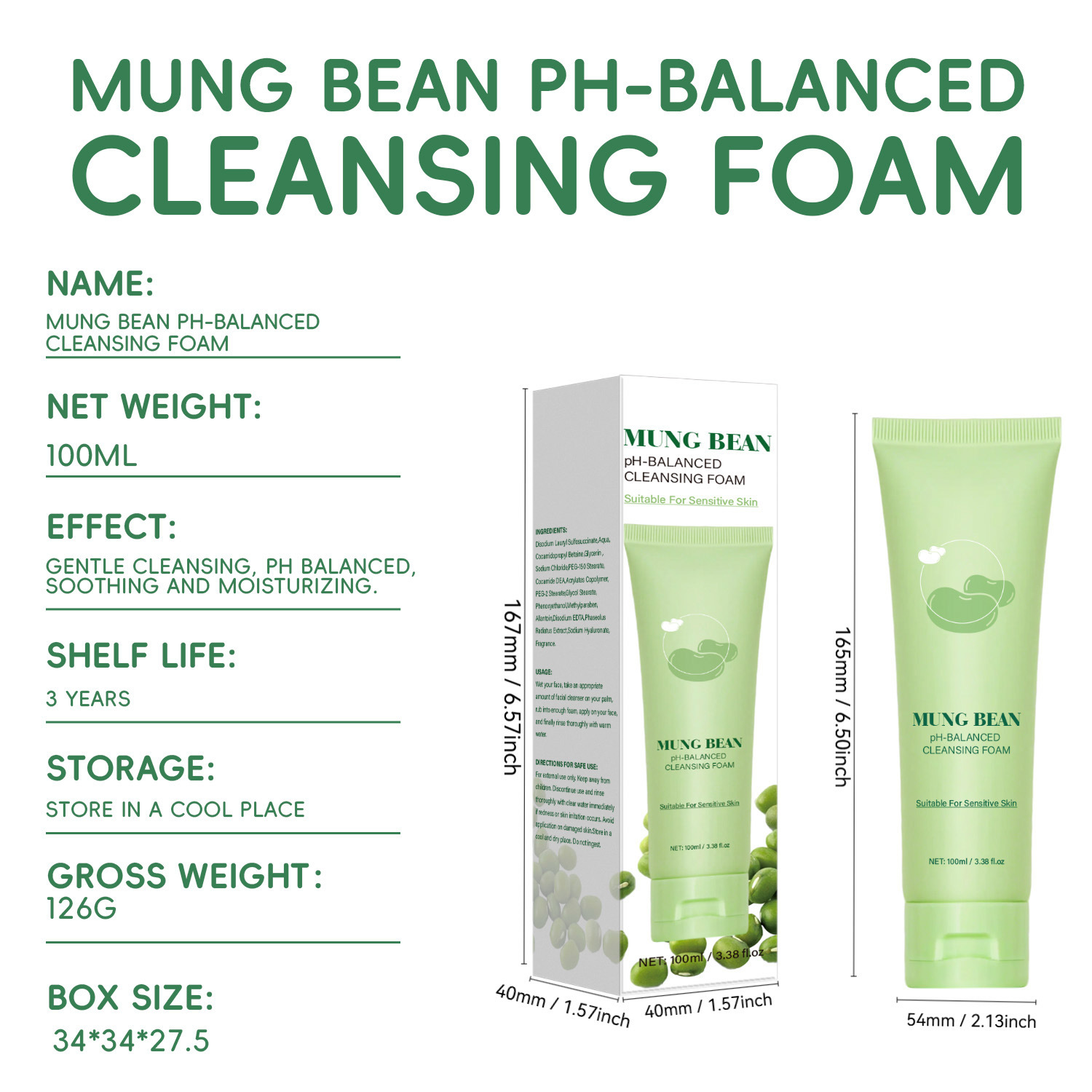 Mung Bean pH Balancing Facial Cleanser Gentle Deep Cleansing Refreshing Daily Face Wash 100ml
