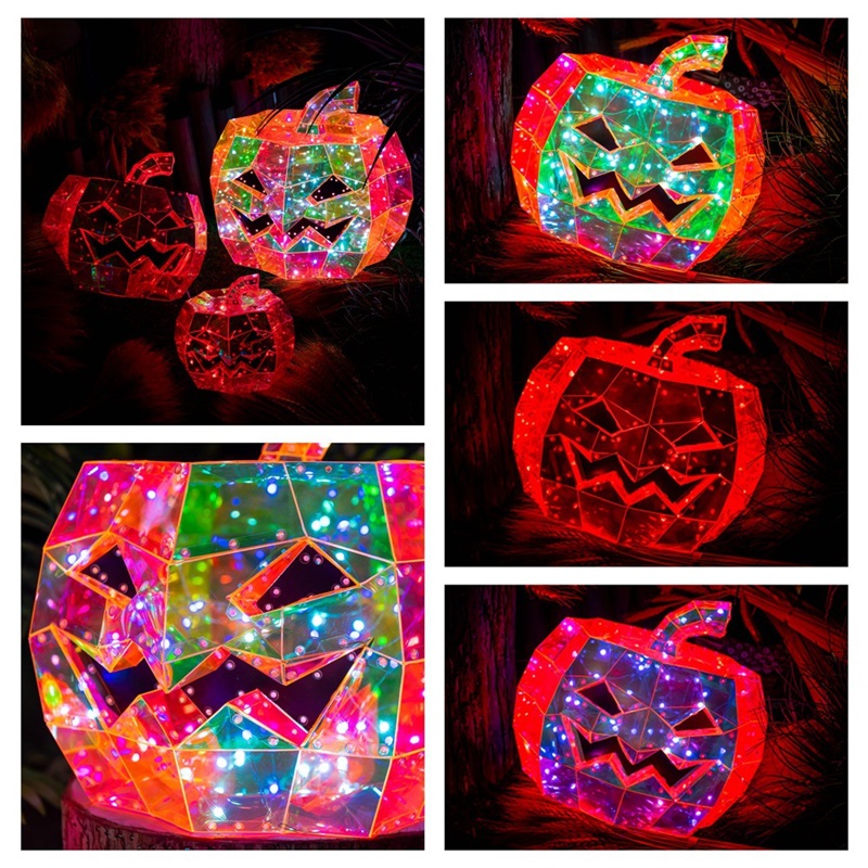 (Orange) Glowing Iridescent Pumpkin Halloween Pumpkin Decor Prop LED Magical Party Ornament