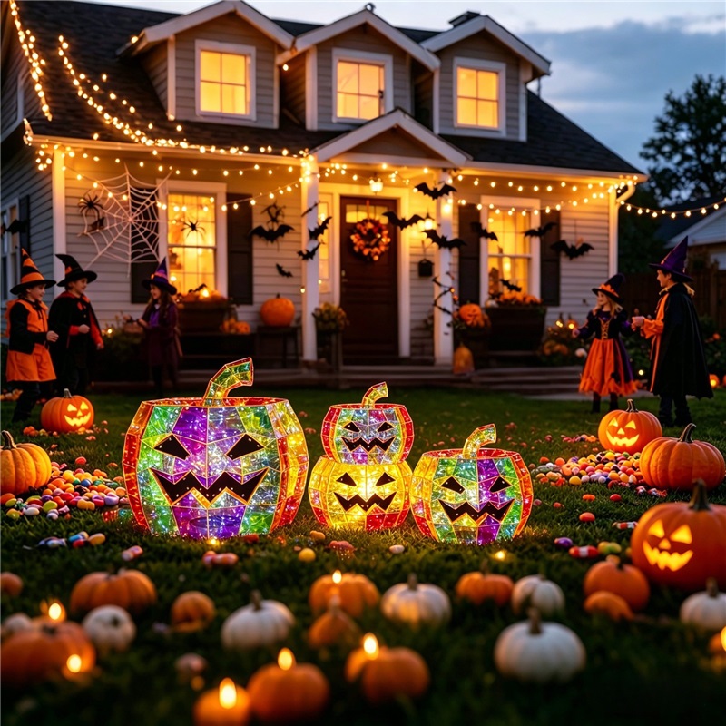 (Orange) Glowing Iridescent Pumpkin Halloween Pumpkin Decor Prop LED Magical Party Ornament