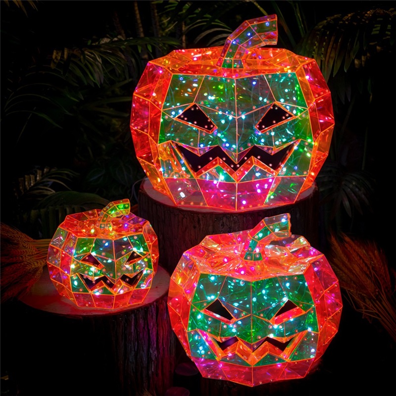 (Orange) Glowing Iridescent Pumpkin Halloween Pumpkin Decor Prop LED Magical Party Ornament