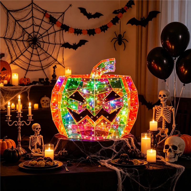 (Orange) Glowing Iridescent Pumpkin Halloween Pumpkin Decor Prop LED Magical Party Ornament