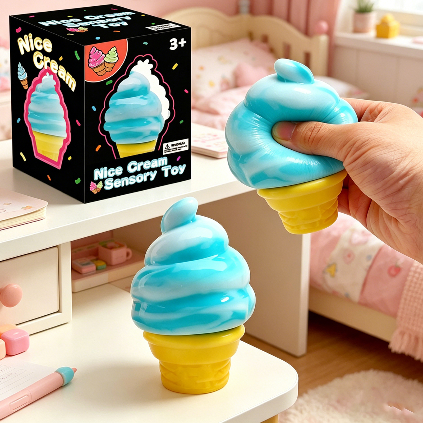 (Pink) Ice Cream Toy Multi Colored Fun Easy To Handle Soft Realistic Stress Relief For Kids