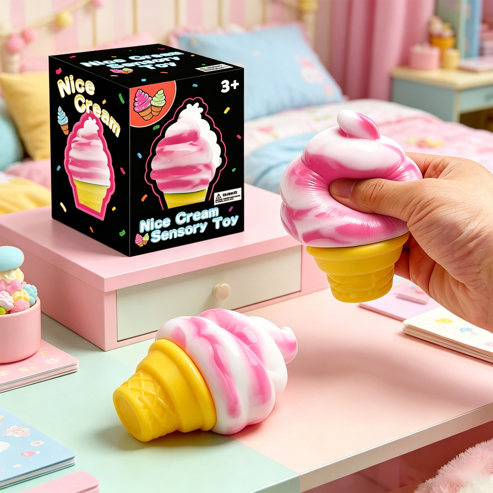 (Pink) Ice Cream Toy Multi Colored Fun Easy To Handle Soft Realistic Stress Relief For Kids