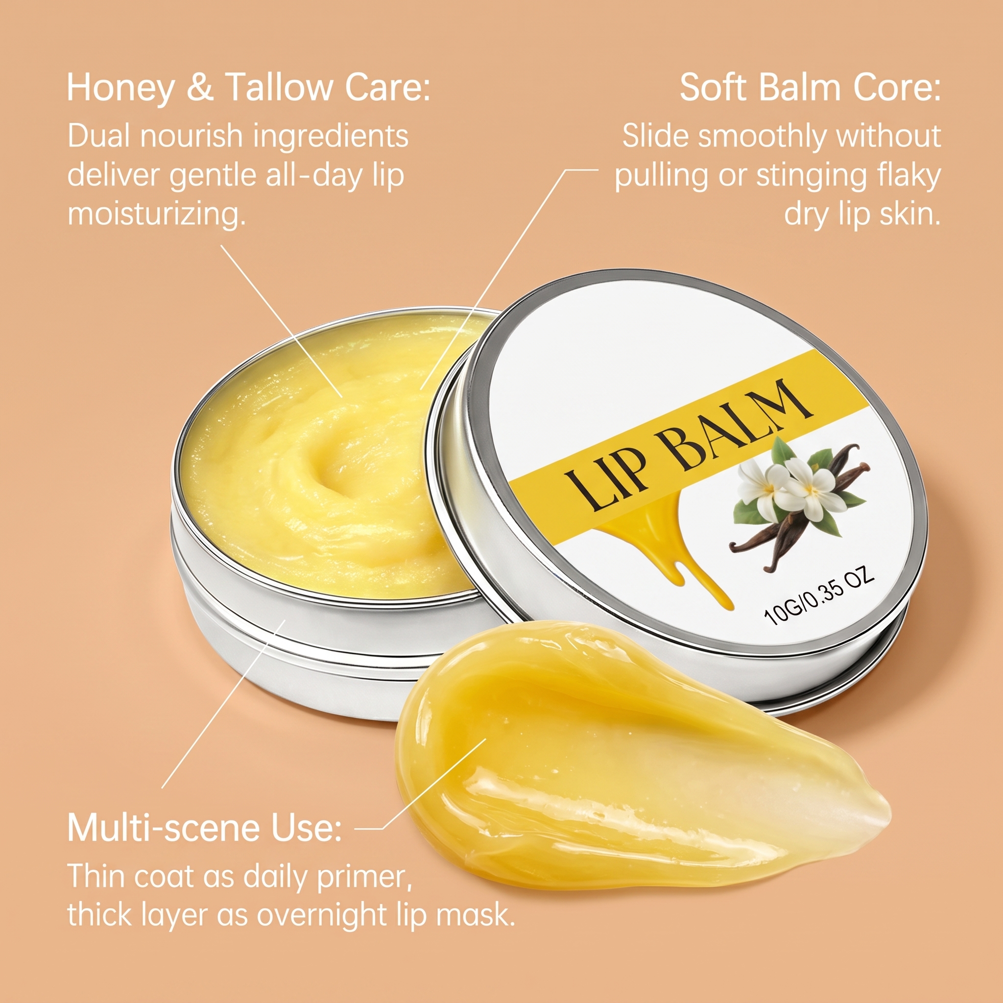 Tallow Honey Lip Balm Contains Plant Extract Oil Base Light Moist Soft Smooth Easy Apply Lips Care