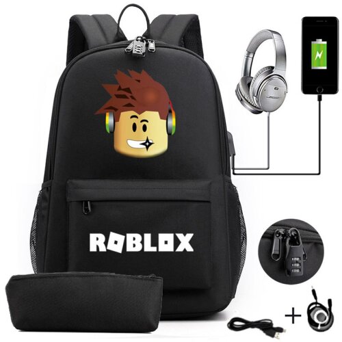 (Black) Roblox Anti-theft USB Charge Backpack Travel Bag