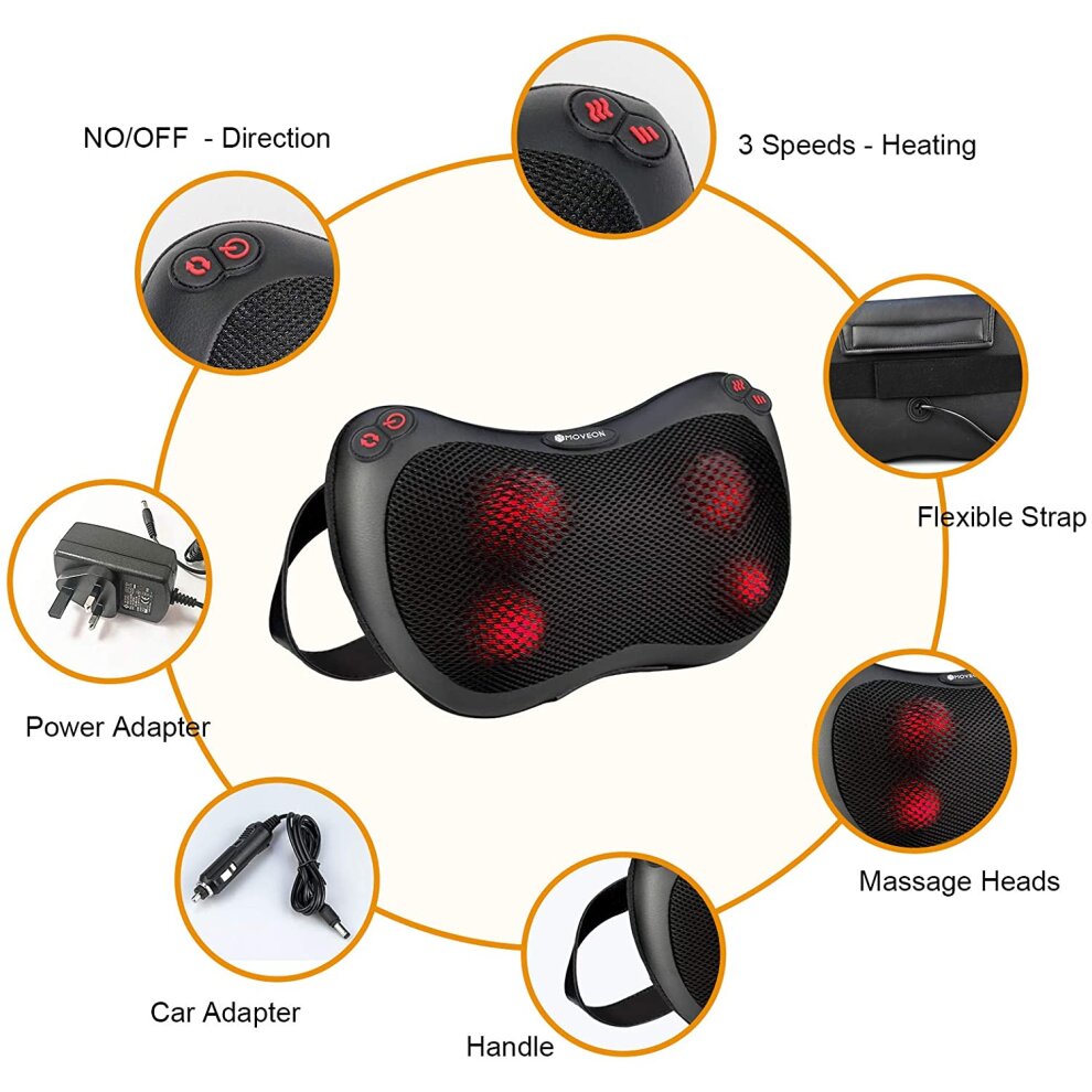 Electric Back and Neck Massager with Heat 4 Speed Modes Deep Shiatsu Massage Pillow for Muscle Pain Relief Tissue Kneading Massager Relaxation Gifts for Women Men Mom Dad Use at Home Office and Car