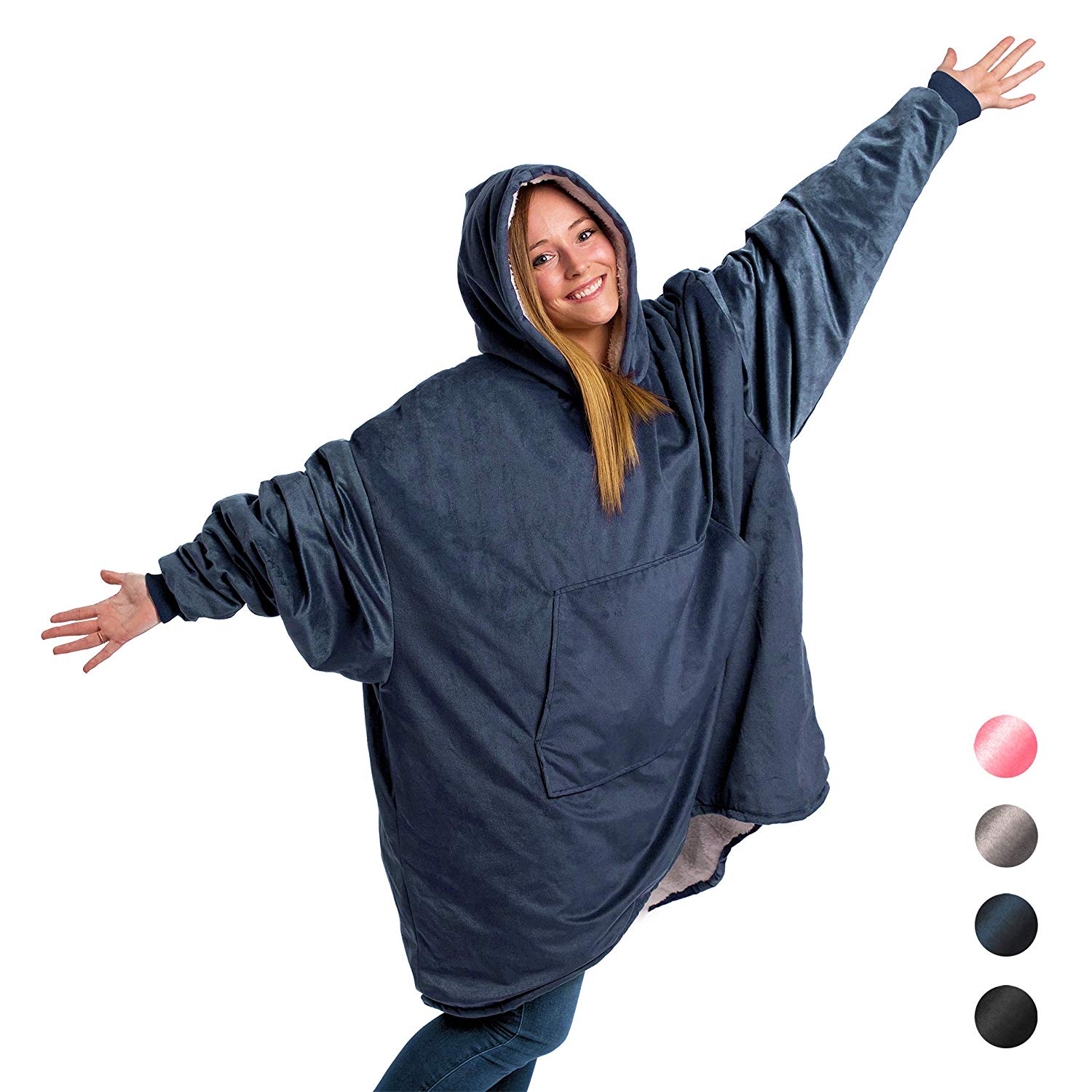 (Grey) Blanket Hoodie Oversized Sherpa Fleece Hoody Huggle Jumper Sweater Blanket Warm Fluffy Cozy Soft Wearable Nightgown with Pockets Gifts for Unisex Adult Women Men One Size Fits All
