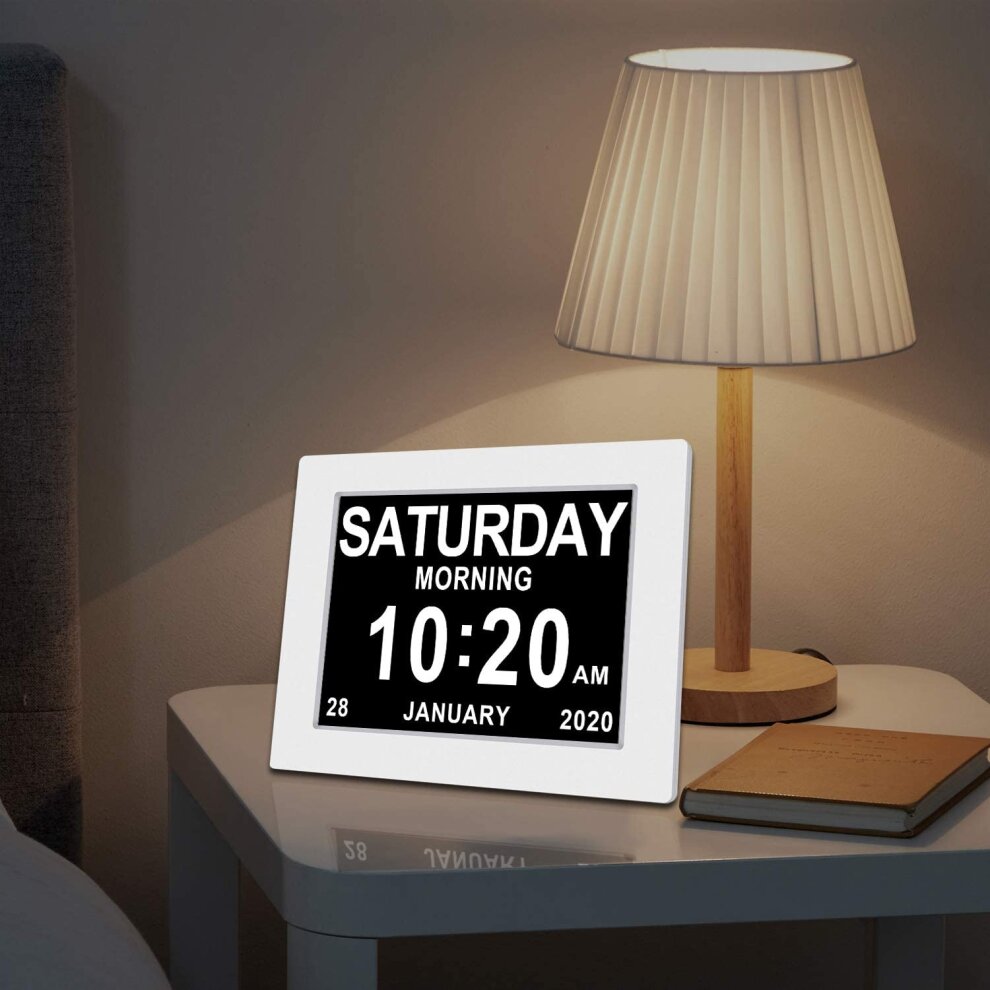 (White) Calendar Memory Loss Day Clock with Digital Photo Frame Extra Large Non-Abbreviated Day Month 8 Inch