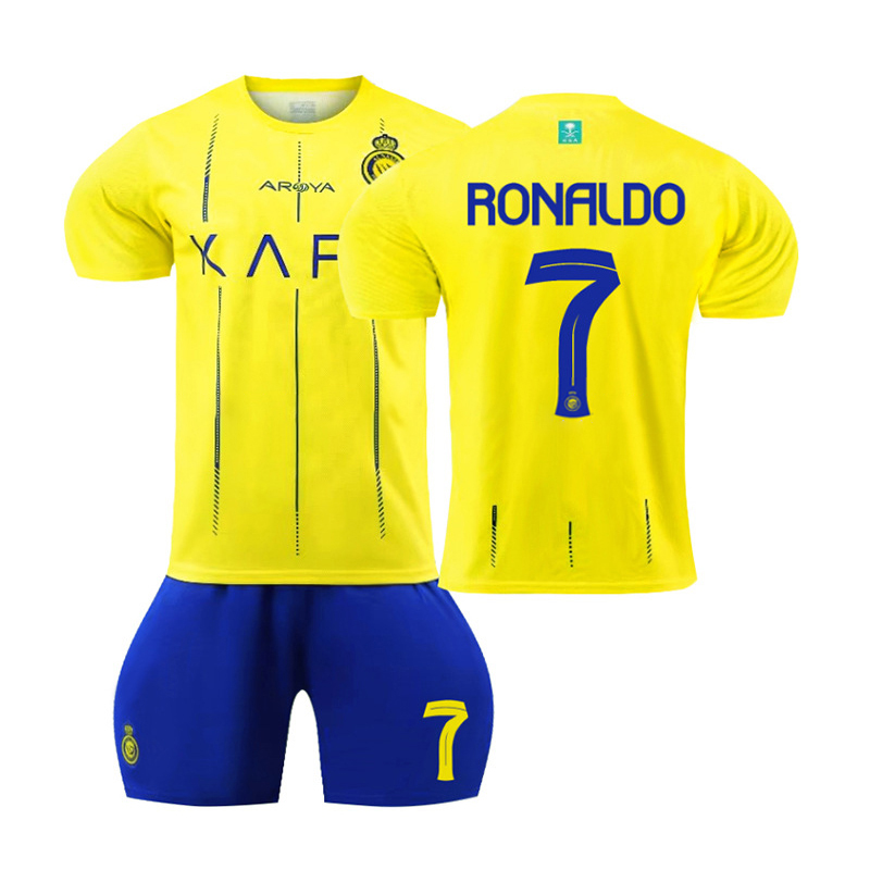 (Kids 2~3 Years) 2023 2024 Al Nassr Riyadh Victory Home Jersey No. 7 Ronaldo Soccer Jersey Set Football Kits Kids Activewear Shirts Shorts and Socks KitSports Tracksuit