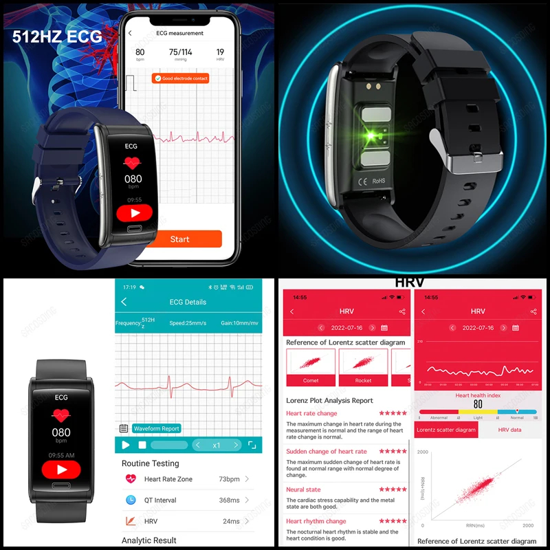 (Blue) Health Blood Sugar Smart Bracelet IP68 Sport Smartwatch ECG Blood Pressure Heart Rate Smart Watch