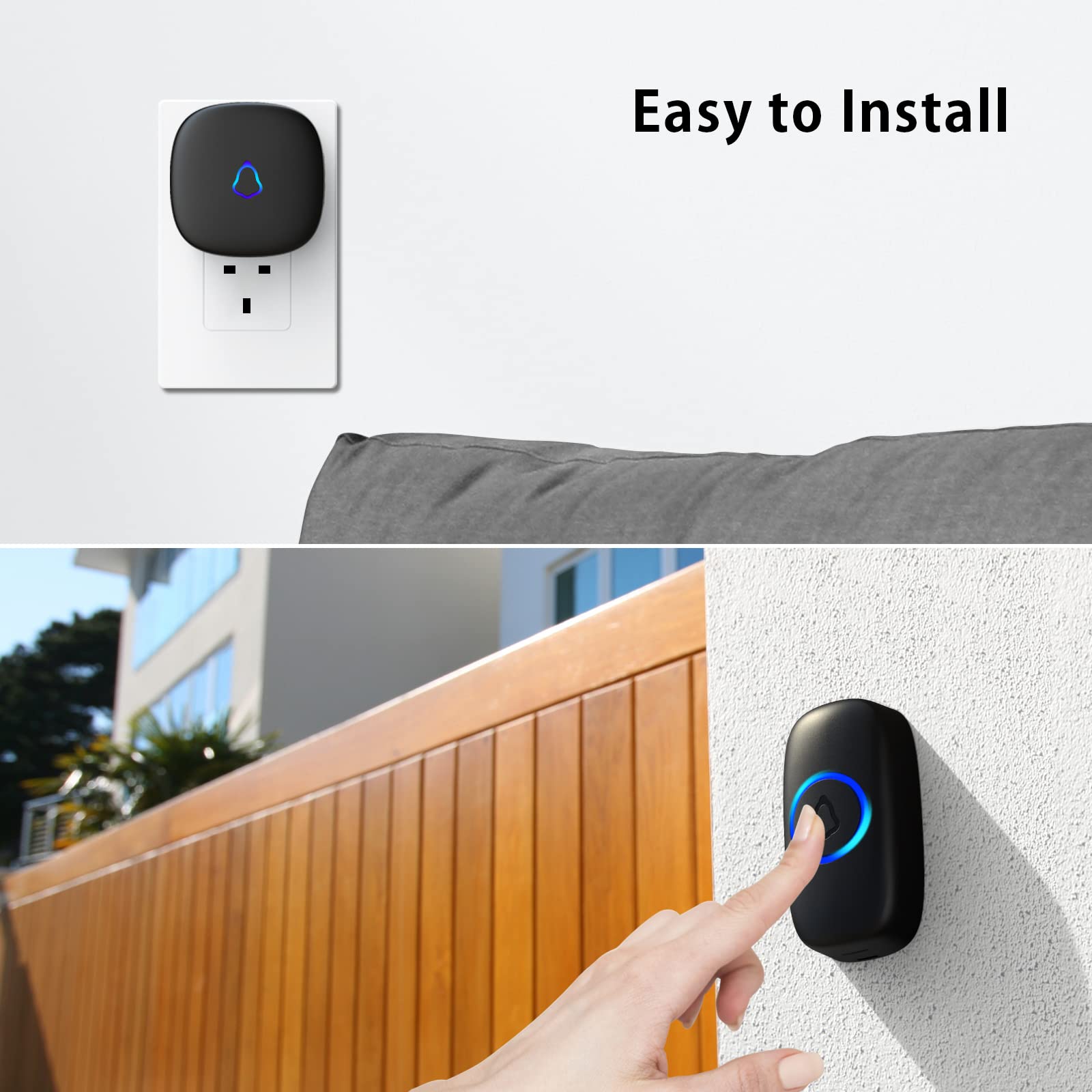 (Black) SECRUI Wireless Doorbell Plug in Waterproof Battery Operated Cordless Doorbell Operating at 1000 Feet Long Range with 58 Chimes 5 Volume Levels LED Light Easy Install for Home School Office