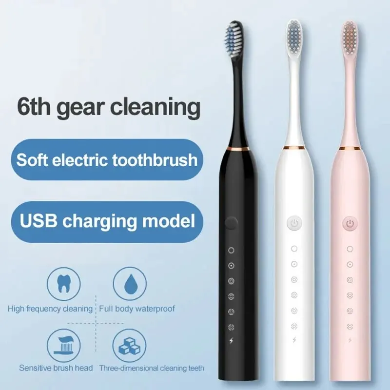 (Black) Electric Ultrasonic Toothbrush Six Speed Mode Home Soft Hair USB Charging Waterproof Adult Tooth Cleaner Automatic Couple Set
