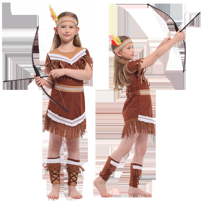 (M) Indian Princess Costumes Halloween Kids Party Stage Pretty Girls Boys Bueaty Princess Pocahontas Indian Cosplay Costume Fancy Dress Halloween Carnival