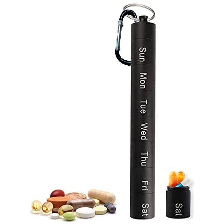 (Silver) Weekly Pill Box 7 Grids Pills Tablets Box Portable Medicine Container with Keychain Metal Sealed Storage Case Waterproof Organizer for Travel Medicine Vitamin