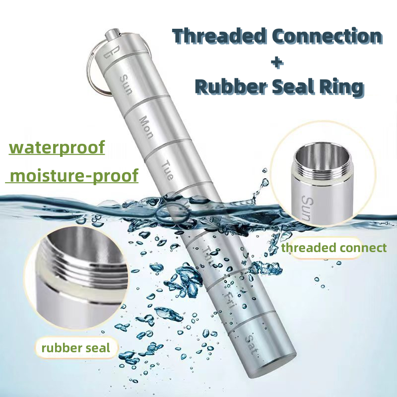 (Silver) Weekly Pill Box 7 Grids Pills Tablets Box Portable Medicine Container with Keychain Metal Sealed Storage Case Waterproof Organizer for Travel Medicine Vitamin