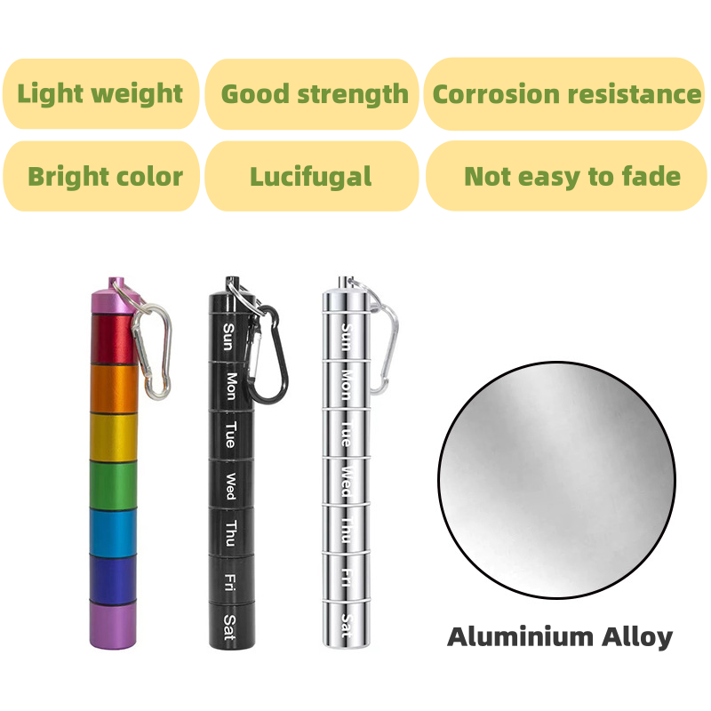 (Silver) Weekly Pill Box 7 Grids Pills Tablets Box Portable Medicine Container with Keychain Metal Sealed Storage Case Waterproof Organizer for Travel Medicine Vitamin