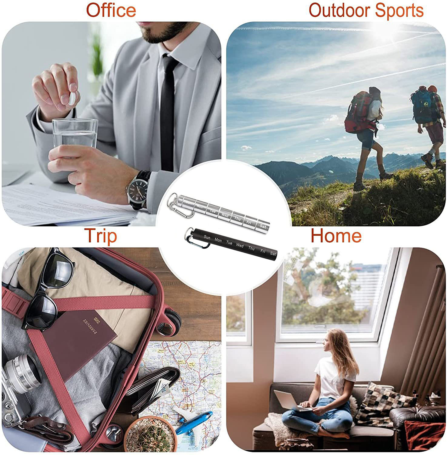 (Silver) Weekly Pill Box 7 Grids Pills Tablets Box Portable Medicine Container with Keychain Metal Sealed Storage Case Waterproof Organizer for Travel Medicine Vitamin