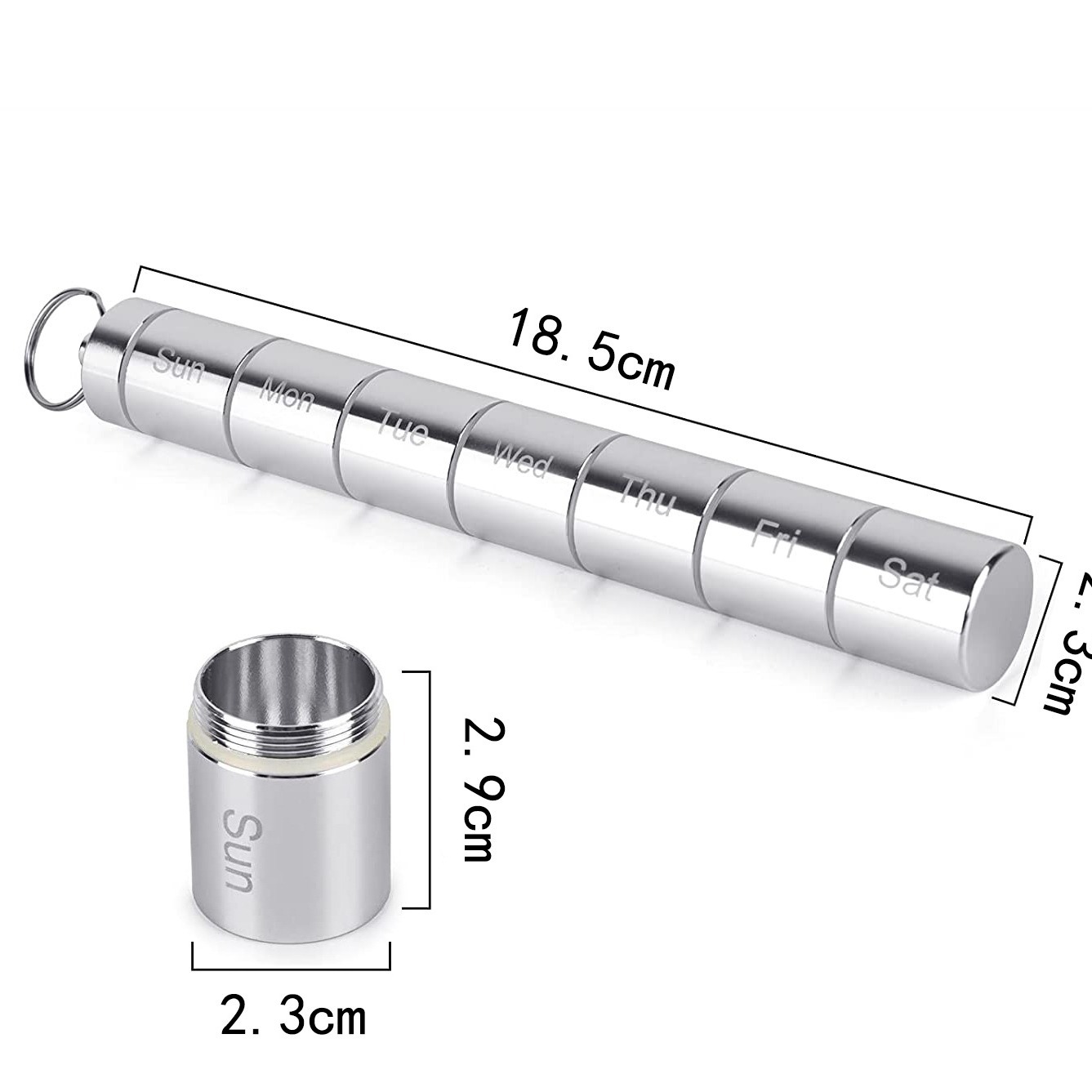 (Silver) Weekly Pill Box 7 Grids Pills Tablets Box Portable Medicine Container with Keychain Metal Sealed Storage Case Waterproof Organizer for Travel Medicine Vitamin