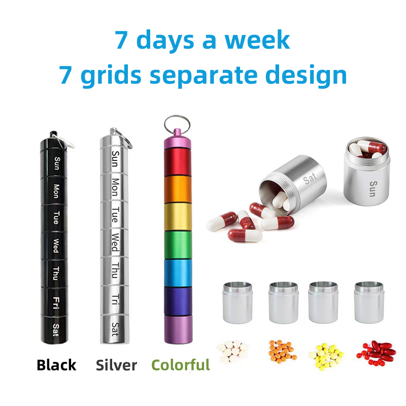 (Silver) Weekly Pill Box 7 Grids Pills Tablets Box Portable Medicine Container with Keychain Metal Sealed Storage Case Waterproof Organizer for Travel Medicine Vitamin