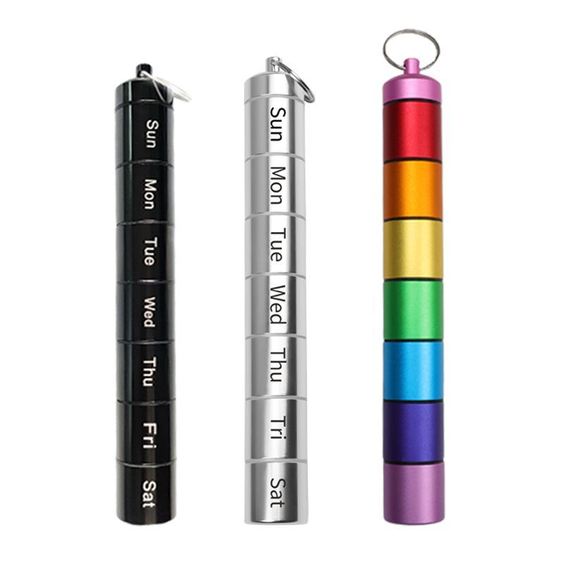 (Silver) Weekly Pill Box 7 Grids Pills Tablets Box Portable Medicine Container with Keychain Metal Sealed Storage Case Waterproof Organizer for Travel Medicine Vitamin