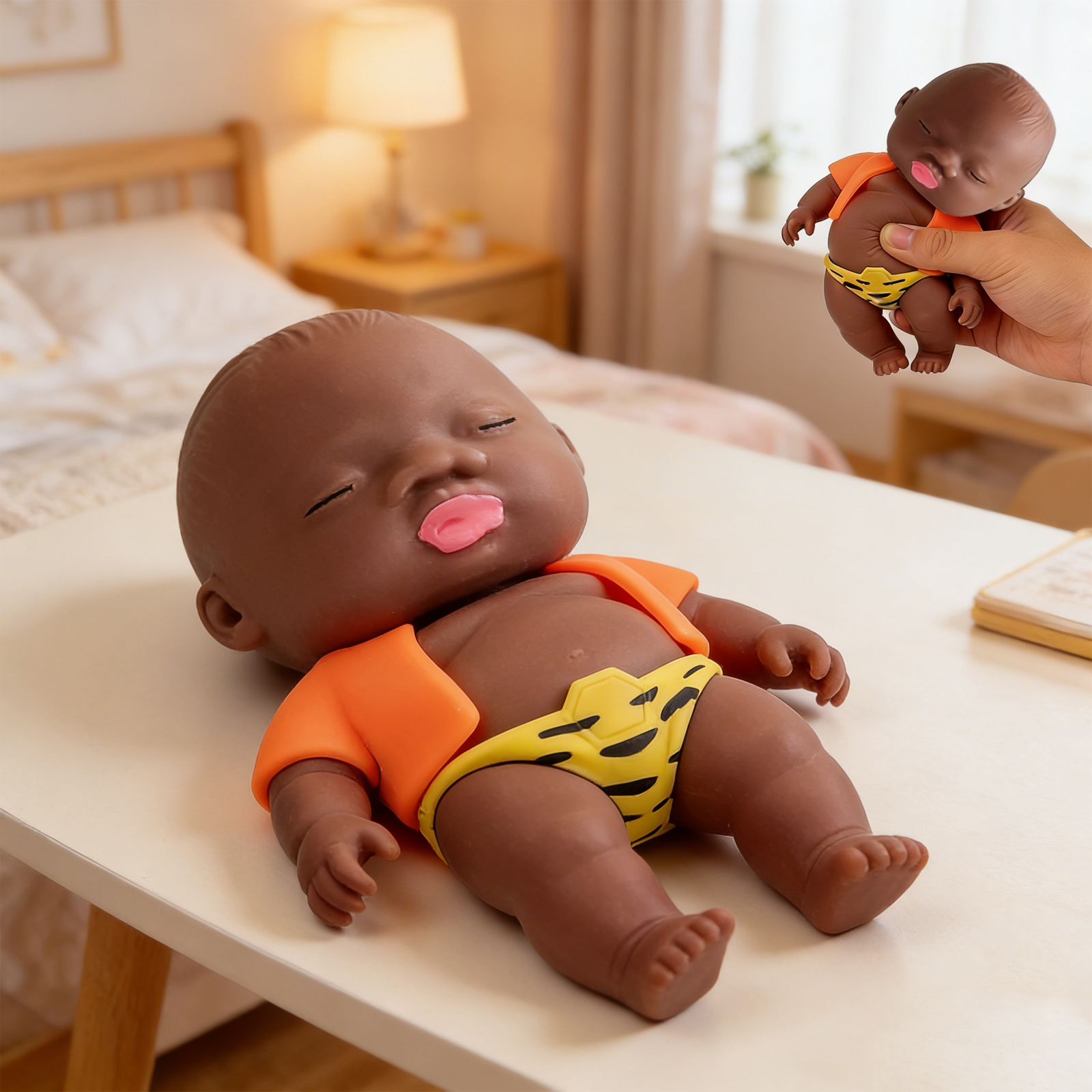 (Orange) Funny African Style Black Doll Squishy Toy Slow Rebound Pinch Face Toy Anti Anxiety Stress Relief Decompression Toy Gift ﻿