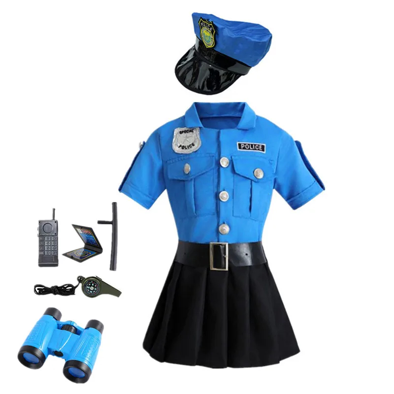 (140CM) Girl Police Costume Blue Officer Uniform Halloween Dress Up Cosplay Outfit with Accessories Campus Festival Costumes Play House