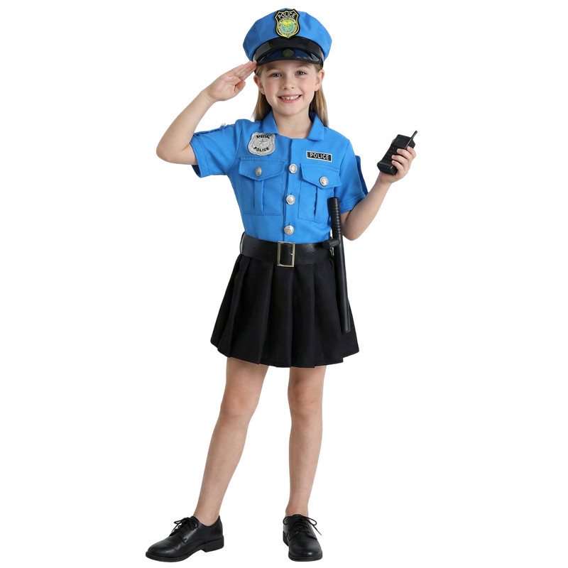 (140CM) Girl Police Costume Blue Officer Uniform Halloween Dress Up Cosplay Outfit with Accessories Campus Festival Costumes Play House