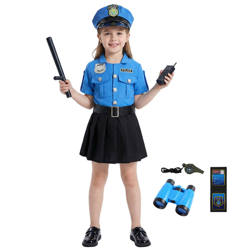 (140CM) Girl Police Costume Blue Officer Uniform Halloween Dress Up Cosplay Outfit with Accessories Campus Festival Costumes Play House