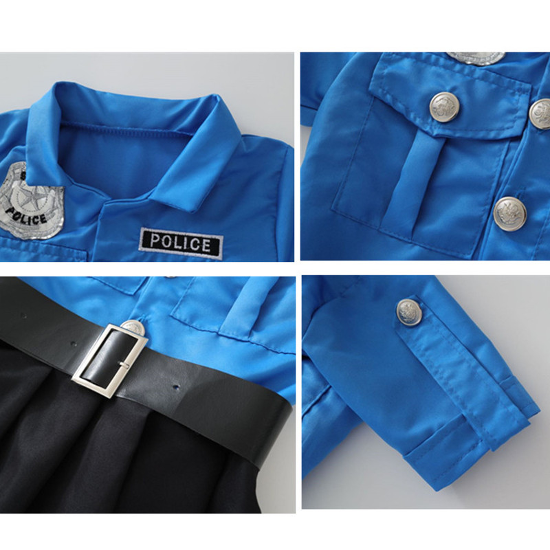 (140CM) Girl Police Costume Blue Officer Uniform Halloween Dress Up Cosplay Outfit with Accessories Campus Festival Costumes Play House