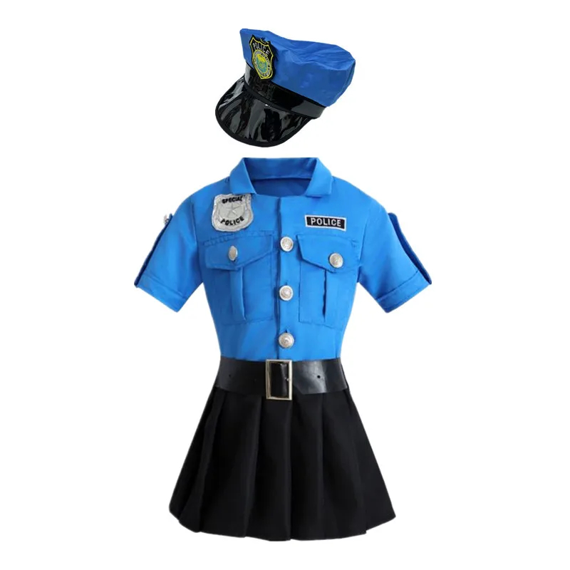 (140CM) Girl Police Costume Blue Officer Uniform Halloween Dress Up Cosplay Outfit with Accessories Campus Festival Costumes Play House
