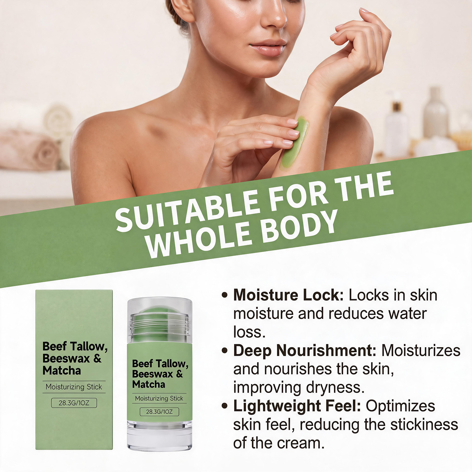 Shea Butter Matcha Moisturizing Stick Light Texture Soft Hydrating Comfort Fresh Water Skin Body Portable Care