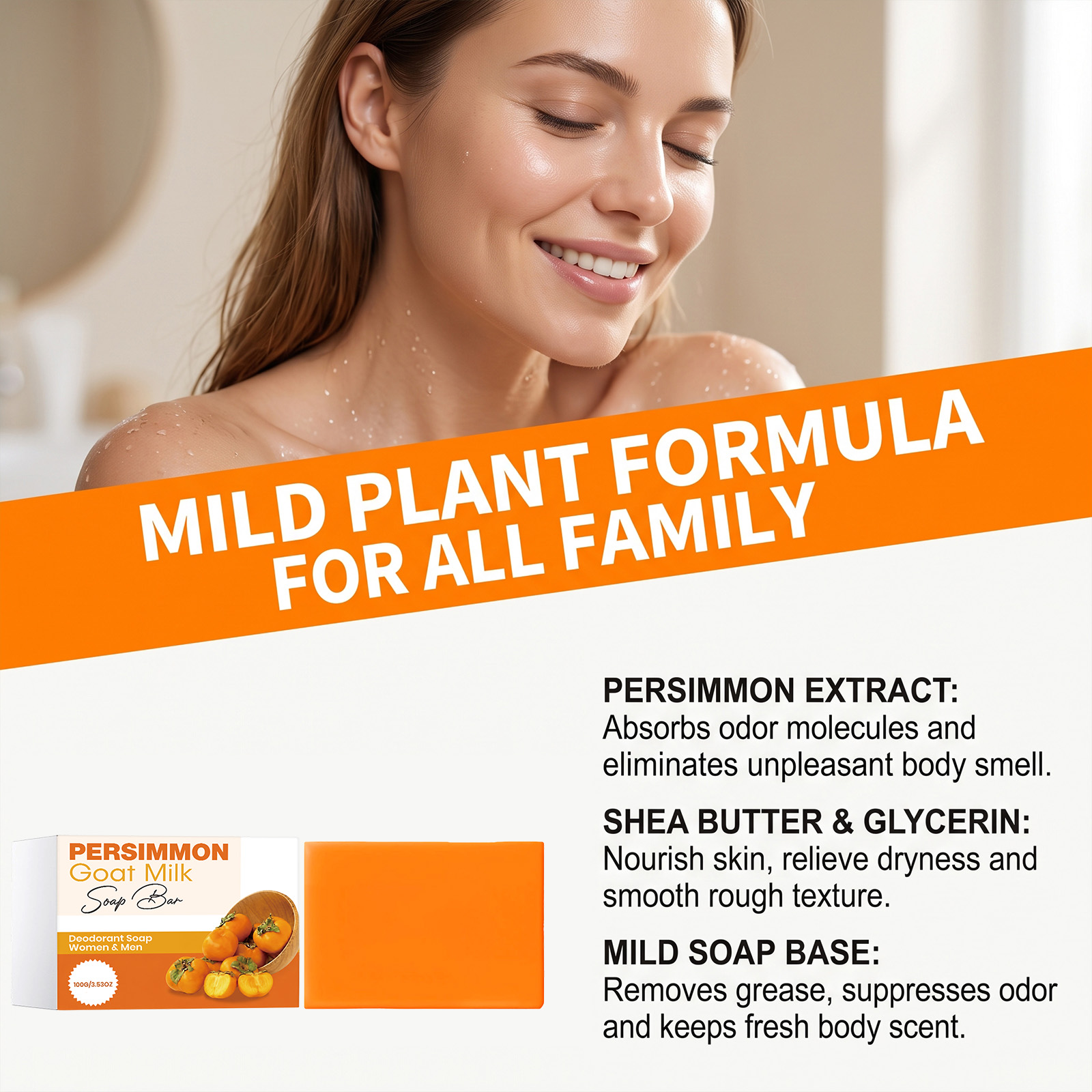 Deodorizing Persimmon Soap Daily Mild Clean Body Skin Refreshing Odor Removing Silky Moist Dense Foam