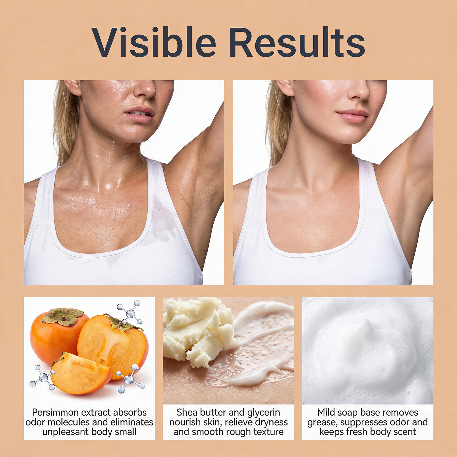 Deodorizing Persimmon Soap Daily Mild Clean Body Skin Refreshing Odor Removing Silky Moist Dense Foam