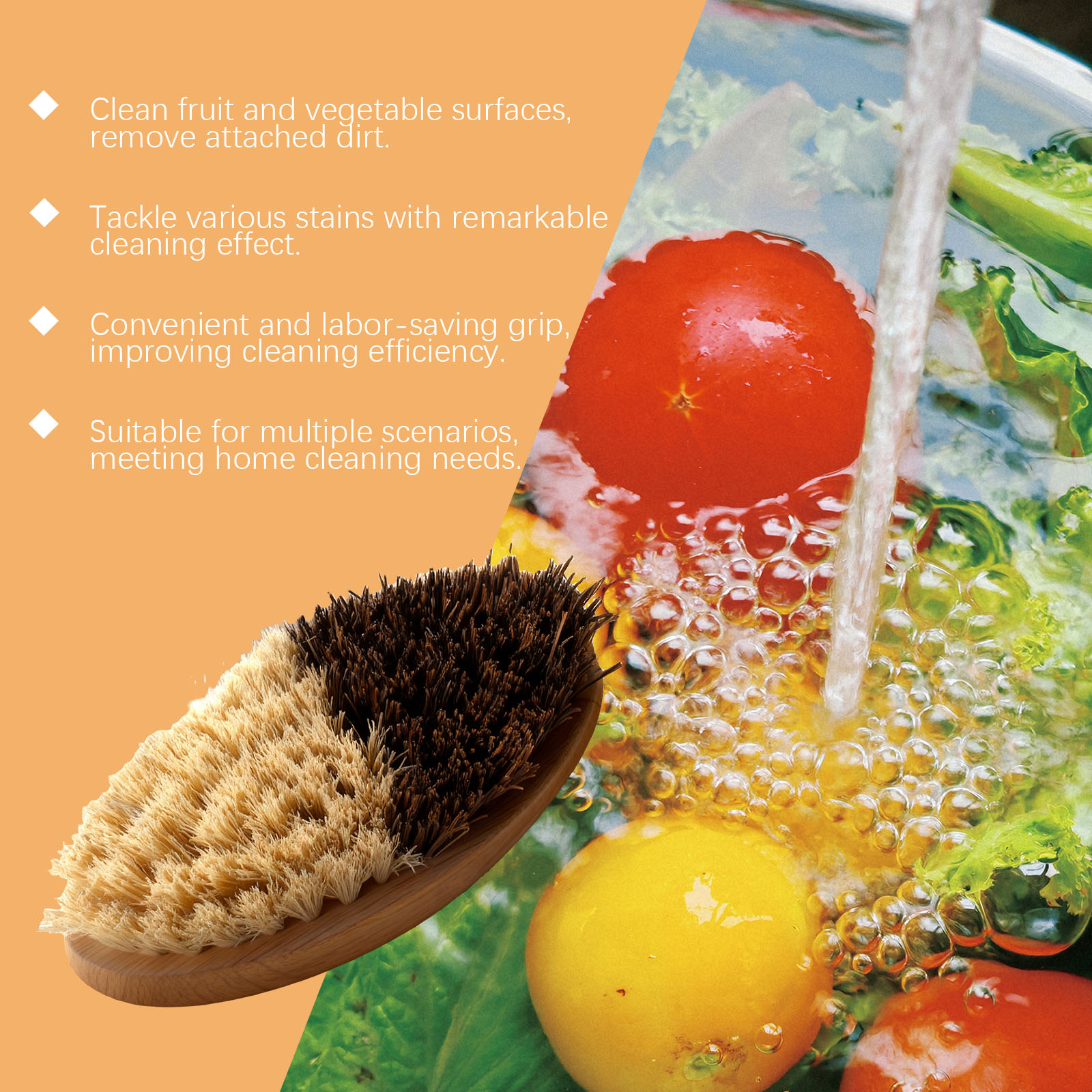 Bamboo Vegetable Cleaning Brush Soft Bristles Remove Vegetable Residues Stains Dirt Impurities