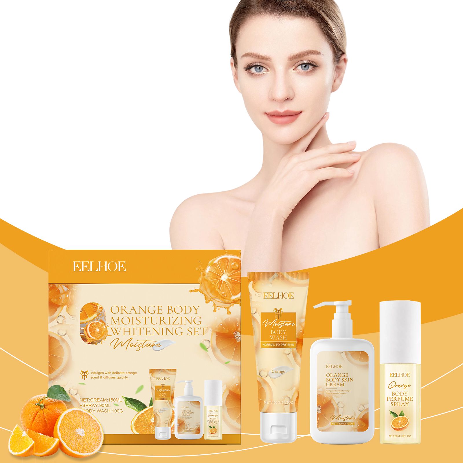This orange body care gift set includes a body wash, body lotion, and perfume spray, formulated with orange fruit extract and moisturizing ingredients to help c