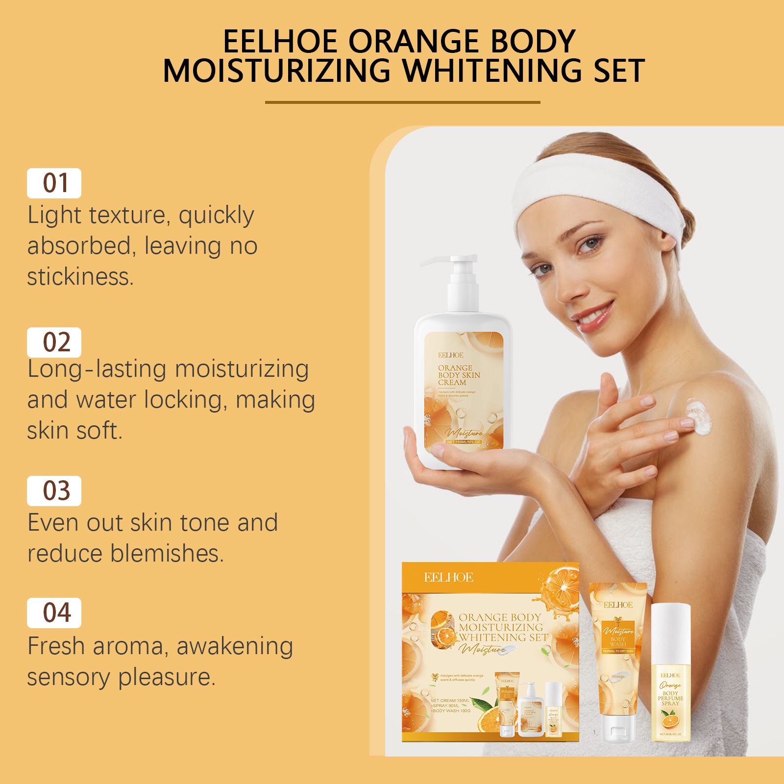 This orange body care gift set includes a body wash, body lotion, and perfume spray, formulated with orange fruit extract and moisturizing ingredients to help c